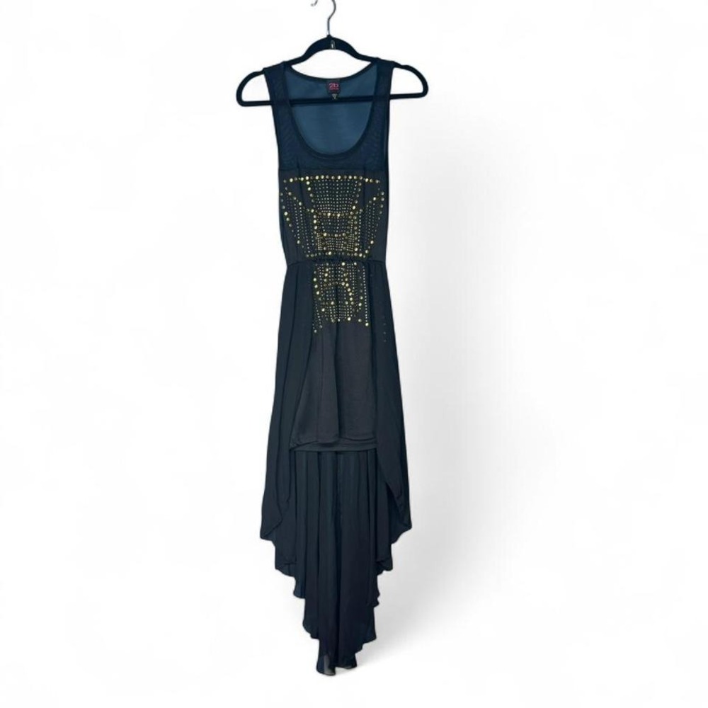Y2K 2b‎ Bebe High Low Dress Women's Size Medium Black Gold Sheer Soft Grunge Emo
